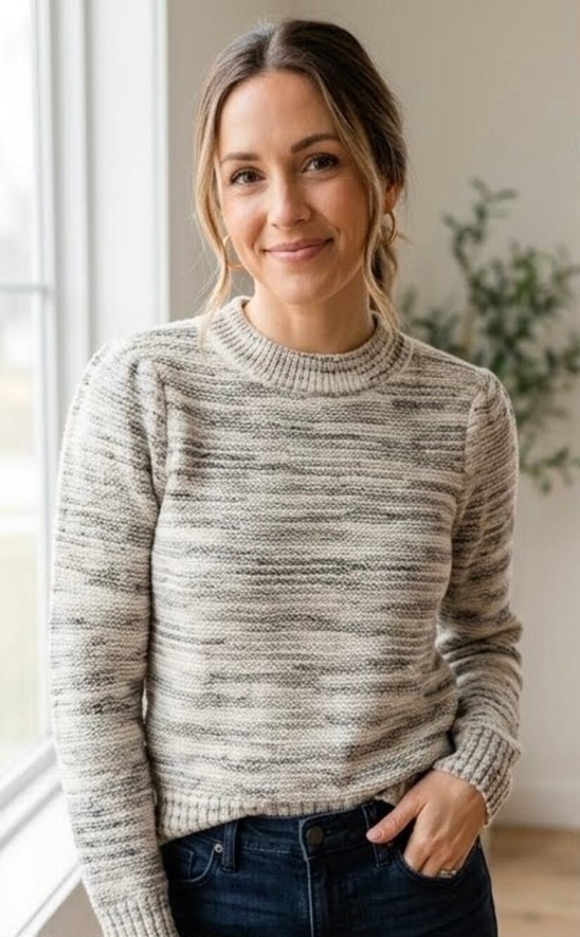 EVEREVE Mia Marl Marled Knit Crewneck Pullover Cozy Sweater- Neutral Cream XS